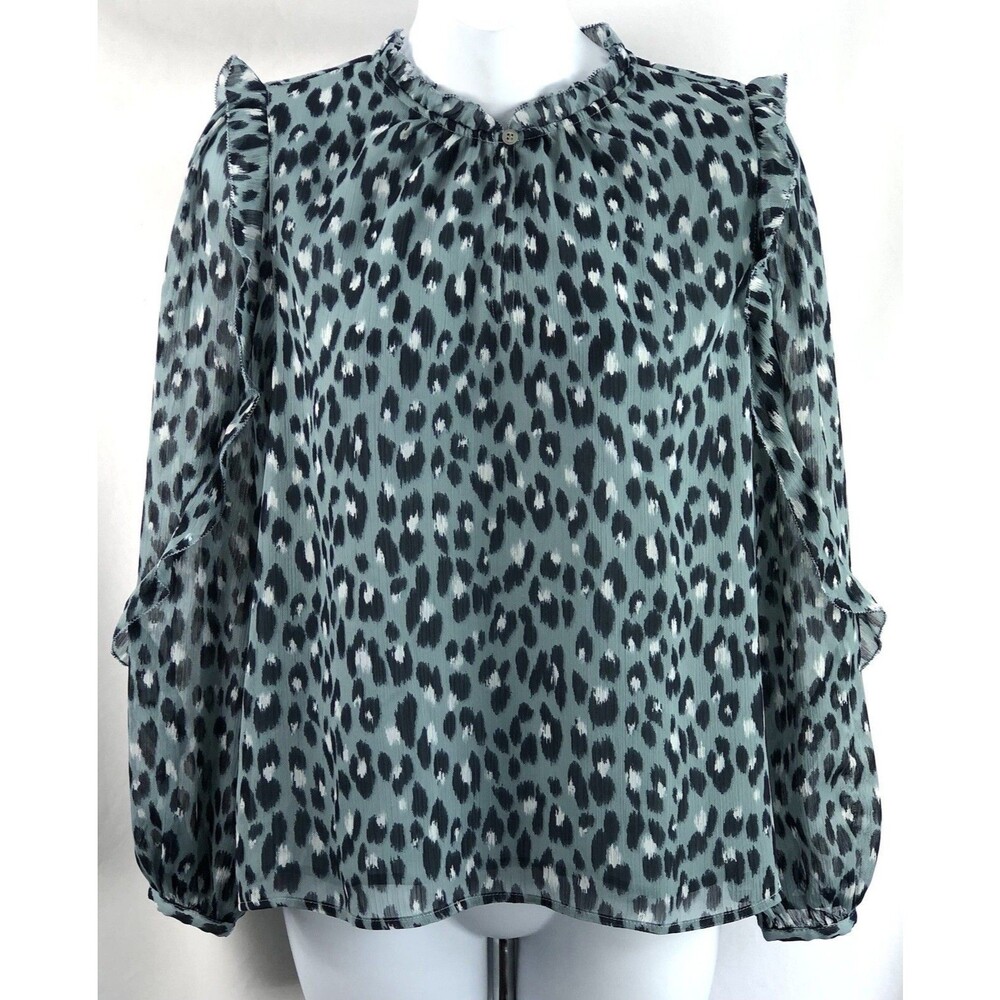 AnnTaylor loft chiffon flowy top PM Blue Leopard ruffles Balloon Sleeve Glam 90s
